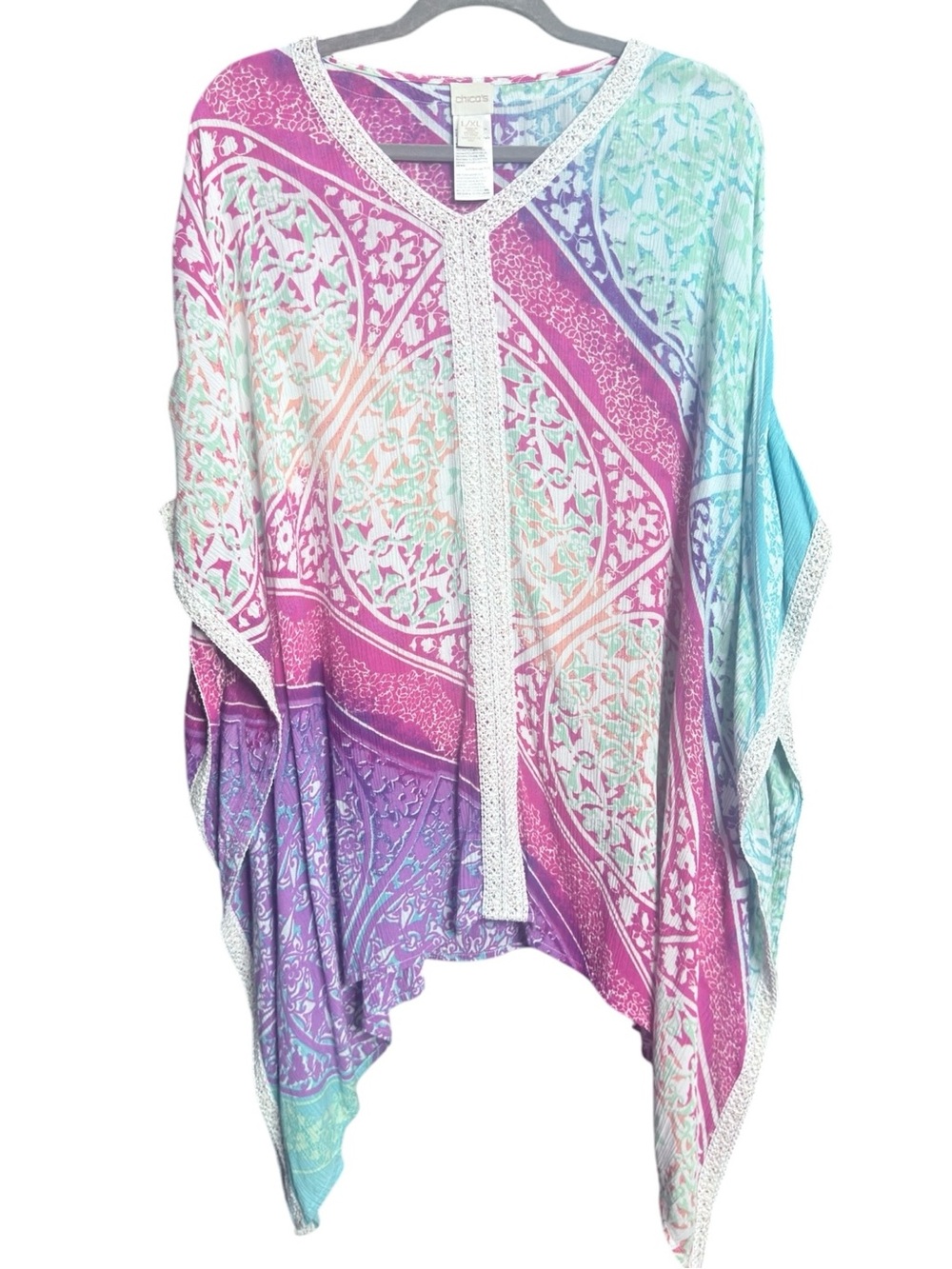 CHICO’S Multicolor Boho Caftan Poncho Tunic Kimono Top L/XL